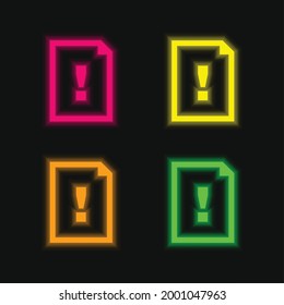 Argument Document Symbol Of A Paper Sheet With An Exclamation Sign four color glowing neon vector icon