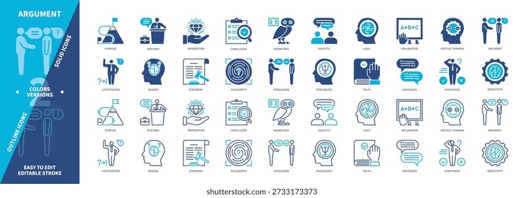Argument icon set. Knowledge, Justification, Persuasion, Philosophy, Statement, Sentences, Dialectic, Hypothesis. Duotone color solid and editable outline icons