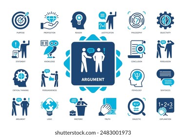 Argument icon set. Reason, Justification, Persuasion, Philosophy, Statement, Sentences, Dialectic, Conclusion. Duotone color solid icons