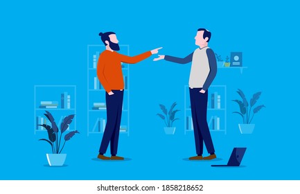 Argument in office - Two men arguing and having a dispute, young and adult disagreement concept. Vector illustration.