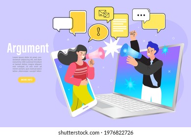 Arguments between man and woman. Quarrel in family. Work Conflict Between Colleagues or Worker Employees. Fight for Leadership. Vector Illustration.
