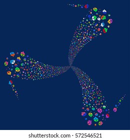 Arguments fireworks swirl rotation. Vector illustration style is flat bright multicolored iconic symbols on a blue background. Object whirlpool organized from random symbols.