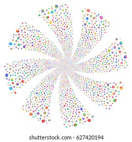 Arguments fireworks swirl rotation. Vector illustration style is flat bright multicolored iconic symbols on a white background. Object whirlpool created from random symbols.