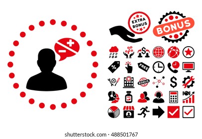 Arguments icon with bonus clip art. Vector illustration style is flat iconic bicolor symbols, intensive red and black colors, white background.
