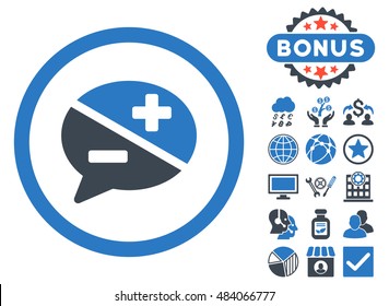 Arguments icon with bonus pictogram. Vector illustration style is flat iconic bicolor symbols, smooth blue colors, white background.