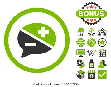 Arguments icon with bonus pictogram. Vector illustration style is flat iconic bicolor symbols, eco green and gray colors, white background.