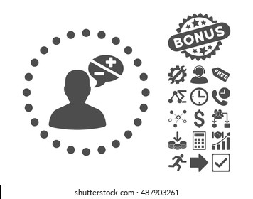 Arguments icon with bonus pictograph collection. Vector illustration style is flat iconic symbols, gray color, white background.