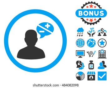 Arguments icon with bonus symbols. Vector illustration style is flat iconic bicolor symbols, blue and gray colors, white background.