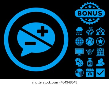Arguments icon with bonus symbols. Vector illustration style is flat iconic symbols, blue color, black background.