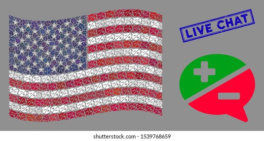 Arguments pictograms are combined into USA flag collage with blue rectangle grunge stamp seal of Live Chat text. Vector collage of America waving official flag is designed of arguments items.