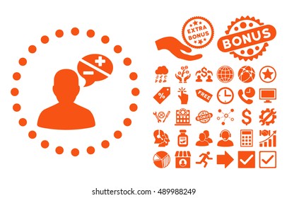 Arguments pictograph with bonus icon set. Vector illustration style is flat iconic symbols, orange color, white background.