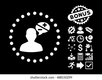 Arguments pictograph with bonus images. Vector illustration style is flat iconic symbols, white color, black background.