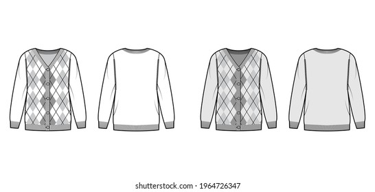 Argyle cardigan technical fashion illustration with rib V-neck, long sleeves, oversized, fingertip length, knit cuff trim. Flat sweater apparel front, back white grey color style. Women men CAD mockup