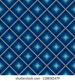 Argyle Checkered Knitted Sweater Pattern Design. Vector Seamless Background with Shades of Blue Colors. Wool Knit Texture Imitation
