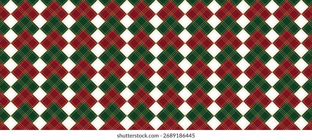 Argyle Christmas pattern background, festive geometric diamond design in red green white and black, seamless traditional winter textile style texture, elegant holiday vector backdrop for seasonal deco