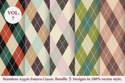 Argyle Classic Pattern Bundle 5 Designs Vol.7,Argyle Vector,Seamless Argyle Pattern,Traditional Check Print,Fabric Texture Background,Christmas Plaid,Retro Background
