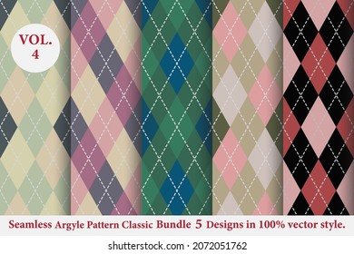 Argyle classic Pattern Bundle 5 designs Vol.4 ,Argyle pattern Bundle Set 5 designs,Argyle vector,Seamless argyle pattern,Traditional check print,Fabric texture background,Christmas plaid,Retro backgro