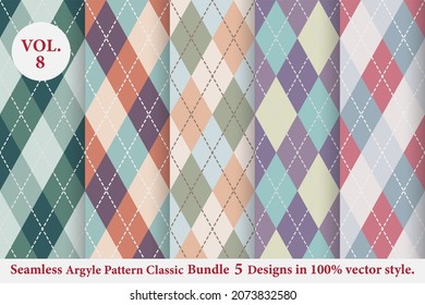 Argyle classic Pattern Bundle 5 designs Vol.8,Argyle vector,Seamless argyle pattern,Traditional check print,Fabric texture background,Christmas plaid,Retro background