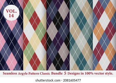 Argyle classic Pattern Bundle 5 designs Vol.14,Argyle vector,Seamless argyle pattern,Traditional check print,Fabric texture background,Christmas plaid,Retro background