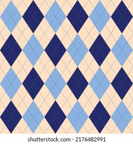 Argyle Design In Blue Repeats Seamless Pattern, Traditional Geometric Vector Argyll For Sweater, Jumper, Autumn Winter Classic Fashion Textile Print, Fabric Texture Background.