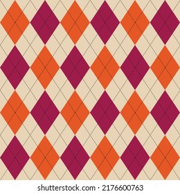 Argyle Design In Orange And Pink Repeats Seamless Pattern, Design For Sweater, Decoration, Jumper, Classic Argyll Fashion Textile Print, Fabric Texture Background.