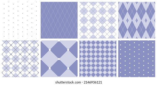 Argyle and diamond seamless pattern set with square and rhombus shapes in soft purple and white colors. Classical geometric background vector designs. 
