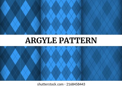 Argyle and diamond seamless pattern set with square and rhombus shapes in soft blue and white colors. Geometric background vector designs.