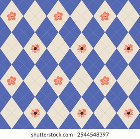 Argyle geometrische Muster mit Creme und blauen Diamanten Formen, durch verstreute rote und orange minimalistische Blumen akzentuiert. Ideal für Stoffe, Tapeten und dekorative Hintergründe. Nahtloses Design.