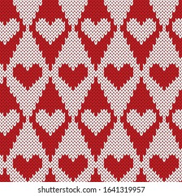 Argyle with heart knitted seamless pattern. Red and white jacquard background. Vector illustration.