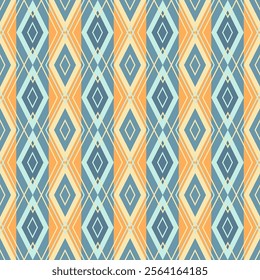 Argyle and oriental theme. Vector seamless pattern in blue and orange shades