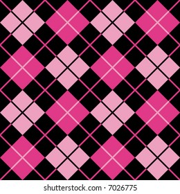 Argyle pattern in alternating colors of pink and magenta on a black background. 