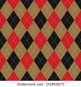 Argyle pattern autumn in black, red, gold brown. Traditional geometric vector argyll dark background art for gift wrapping, socks, sweater, jumper, or other trendy classic fashion textile print.