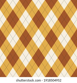 Argyle pattern autumn in brown, yellow, white. Traditional geometric vector argyll dark background art for gift wrapping, socks, sweater, jumper, or other trendy classic fashion textile print.