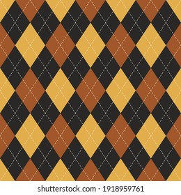Argyle pattern autumn geometric in brown and yellow. Traditional stitched vector argyll dark background art for gift wrapping paper, socks, sweater, jumper, or other trendy fashion textile print.