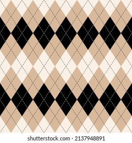 Argyle pattern in beige, black, brown. Classic neutral stitched vector background graphic for gift paper, socks, sweater, jumper, other modern spring summer autumn winter fabric or paper design.