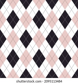 Patrón argyle en negro, polvo rosa, blanco. Ilustración de costura geométrica sin foco para la caja de regalo, papel de regalo, medias, suéter, saltador, otro diseño moderno de moda de otoño de primavera.