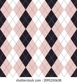 Patrón argyle en negro, polvo rosa, blanco. Vector de costura geométrica abstracta sin inconveniente para la caja de regalo, papel de regalo, calcetines, suéter, saltador, otro diseño moderno de papel de regalo de invierno de primavera.