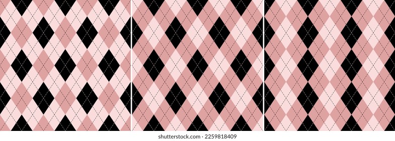 Argyle pattern in black and powder pink for Valentines Day. Seamless geometric vector set for gift card, gift paper, socks, jumper, other modern spring autumn winter fashion textile or paper design.