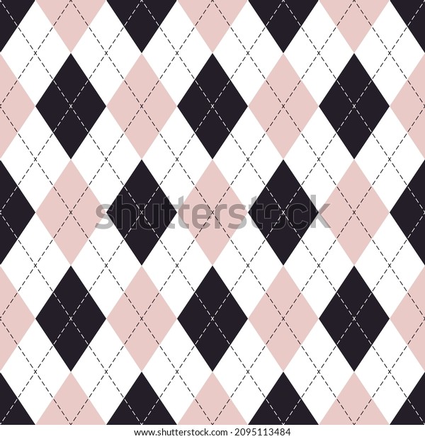 Argyle
pattern in black, powder pink, white. Seamless geometric stitched
illustration for gift card, gift paper, socks, sweater, jumper,
other modern spring autumn winter fashion
design.
