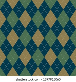 Argyle pattern in blue, green, gold. Classic geometric vector argyll dark background for gift wrapping, socks, sweater, jumper, or other modern autumn winter traditional fashion textile print.