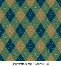 Argyle Pattern In Blue, Green, Gold. Wallpaper Autumn Classic Vector Argyll Dark Graphic For Gift Wrapping, Socks, Sweater, Jumper, Digital Paper, Other Modern Fashion Textile Or Paper Print.