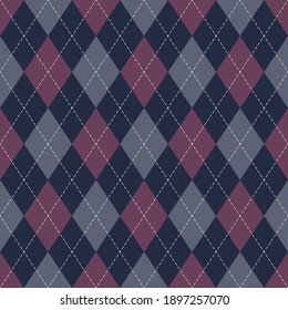 Argyle pattern in blue, pink, purple. Traditional geometric vector argyll dark background for gift wrapping, socks, sweater, jumper, or other modern autumn winter classic fashion textile print.