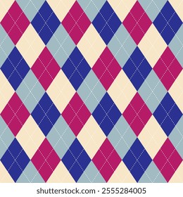 Argyle pattern blue and red of geometric rhombus. Harlequin design. Classic diamond shaped textile material for gift wrapping paper, socks, sweater, jumper, other modern textile or paper design.