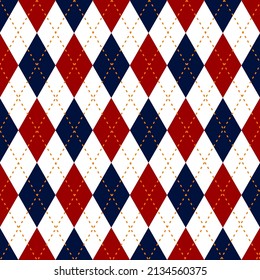
Argyle pattern in blue, red, white. Vector seamless geometric argyll background for gift paper, socks, sweater, jumper or classic fashion fabric prints spring, autumn, winter.
