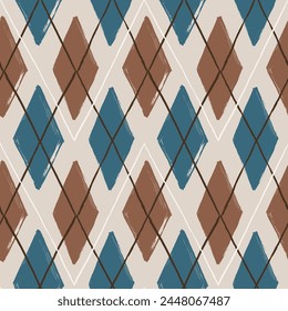 Argyle pattern from brush strokes. Vector diamond background. Seamless irregular ornament. Traditional painted fabric print. Grandpacore motif. Brown and blue pattern