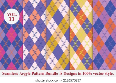 Argyle Pattern Bundle 5 designs Vol.33,Argyle vector,geometric, background,wrapping paper,Fabric texture,Classic Knitted,plaid
