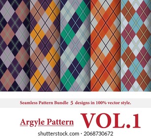 Argyle pattern Bundle Set 5 designs,Argyle vector,Seamless argyle pattern,Traditional check print,Fabric texture background,Christmas plaid,Retro background
