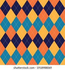 Argyle Pattern Colorful Autumn In Blue, Orange, Yellow. Traditional Geometric Vector Argyll Dark Background Art For Gift Wrapping Paper, Socks, Sweater, Jumper, Or Other Trendy Fashion Textile Print.