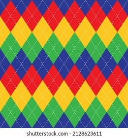 Patrón argyle en azul colorido, rojo, verde, amarillo. Vector de arco iris brillante multicolor sin costura para papel de regalo, tarjeta de regalo, medias, saltador, otra moderna impresión de invierno de otoño de primavera.