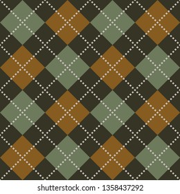 Argyle pattern in dark grey, green, and orange brown for menswear textile designs. Seamless rhombus diamonds check plaid.